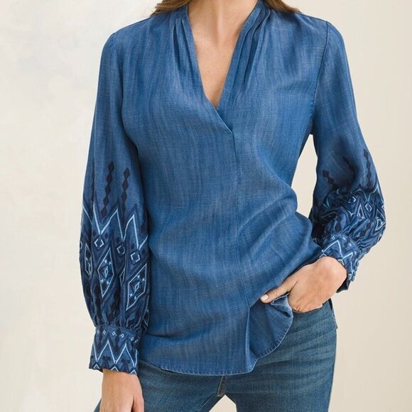 Chico's Tops - Chico’s Blouse Embroidered-Sleeves V-neck Lightweight Denim Blue 2 =12-14  NWT